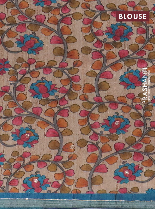 Semi tussar saree cs blue and beige with allover leheriya prints & zari buttas and kalamkari prints & pita work pallu