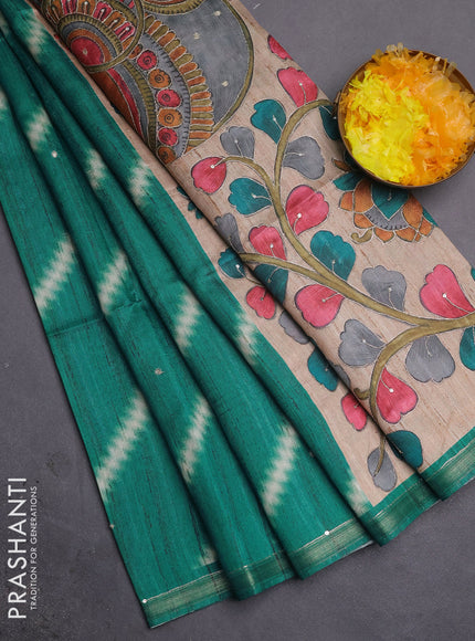 Semi tussar saree teal green and beige with allover leheriya prints & zari buttas and kalamkari prints & pita work pallu