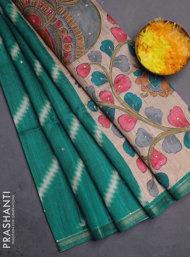 Semi tussar saree teal green and beige with allover leheriya prints & zari buttas and kalamkari prints & pita work pallu