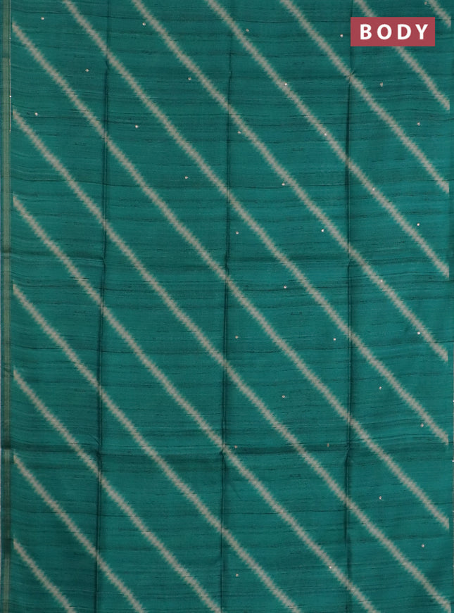 Semi tussar saree teal green and beige with allover leheriya prints & zari buttas and kalamkari prints & pita work pallu