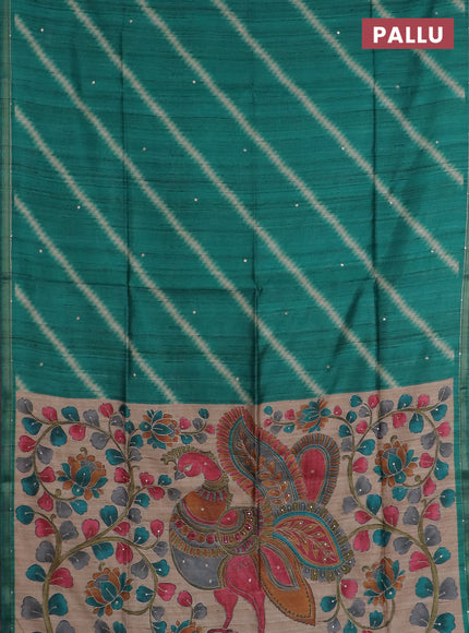 Semi tussar saree teal green and beige with allover leheriya prints & zari buttas and kalamkari prints & pita work pallu
