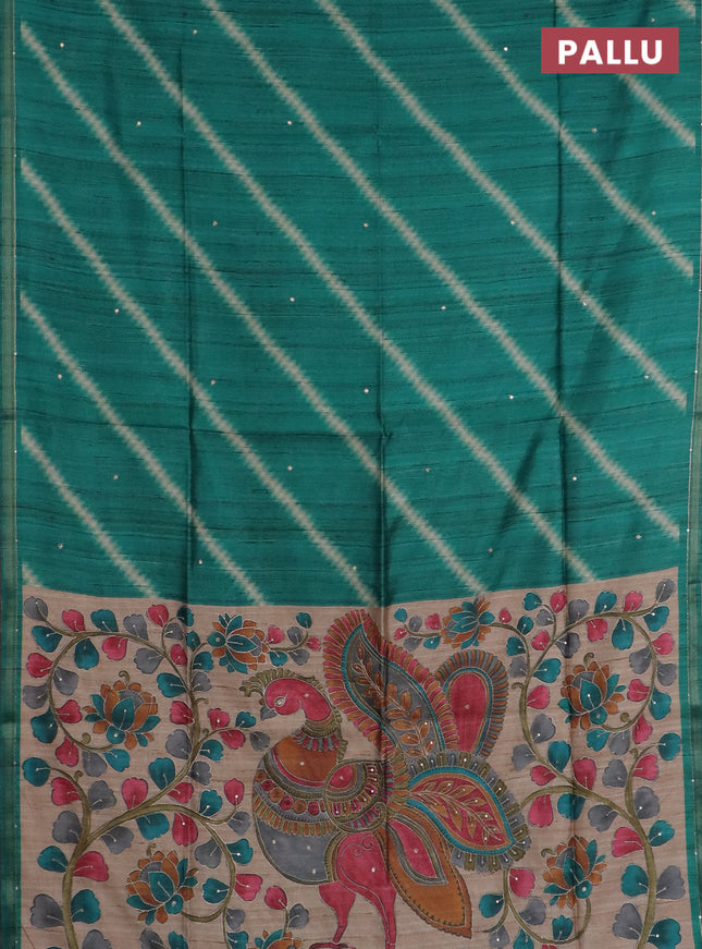 Semi tussar saree teal green and beige with allover leheriya prints & zari buttas and kalamkari prints & pita work pallu