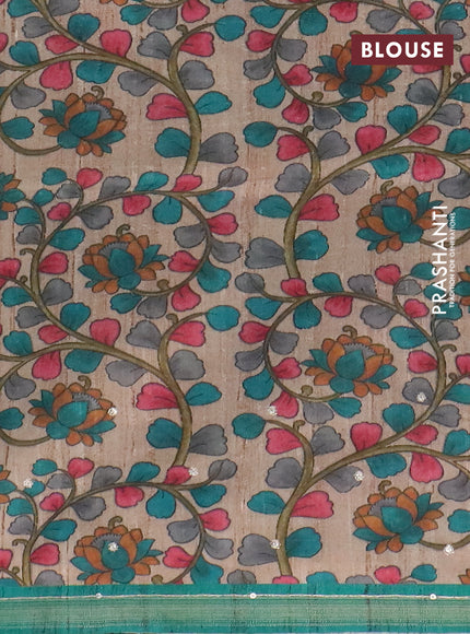 Semi tussar saree teal green and beige with allover leheriya prints & zari buttas and kalamkari prints & pita work pallu