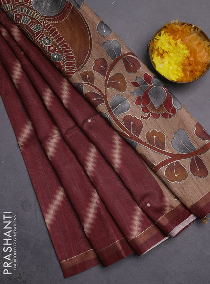 Semi tussar saree maroon and beige with allover leheriya prints & zari buttas and kalamkari prints & pita work pallu