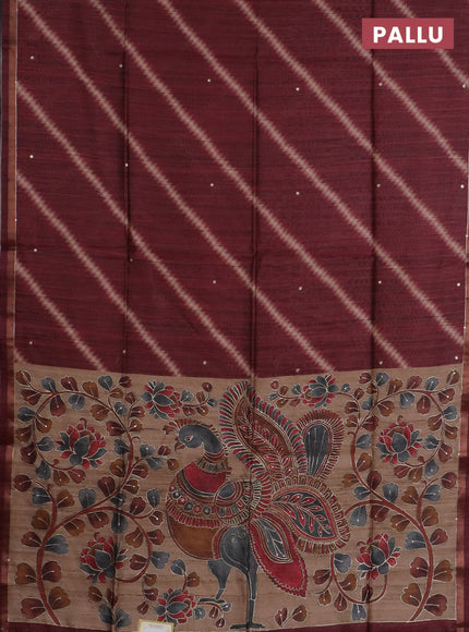 Semi tussar saree maroon and beige with allover leheriya prints & zari buttas and kalamkari prints & pita work pallu