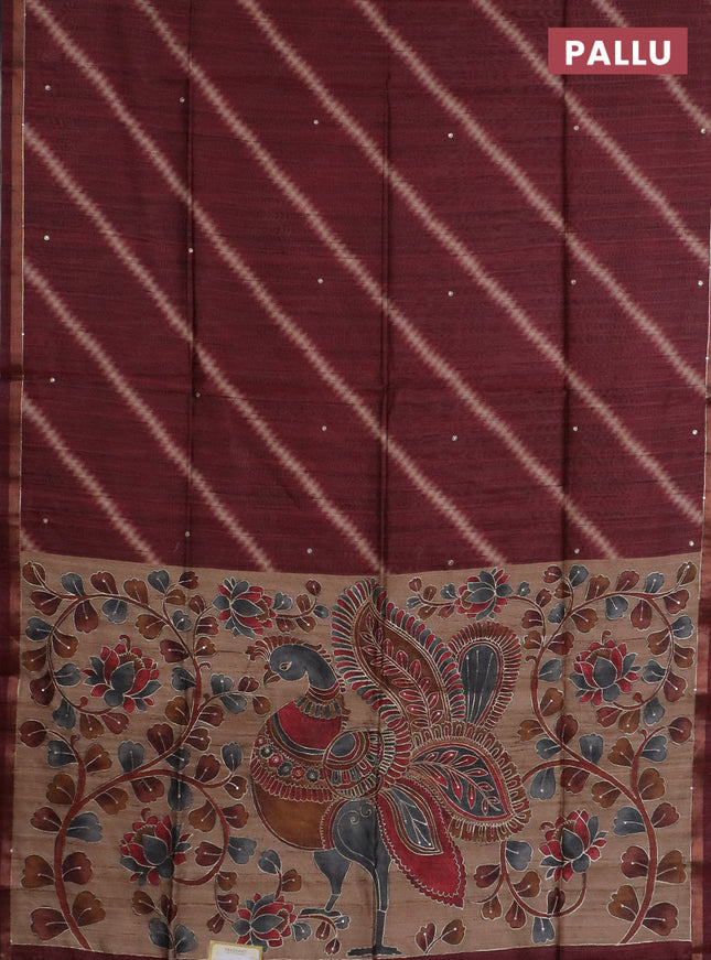 Semi tussar saree maroon and beige with allover leheriya prints & zari buttas and kalamkari prints & pita work pallu
