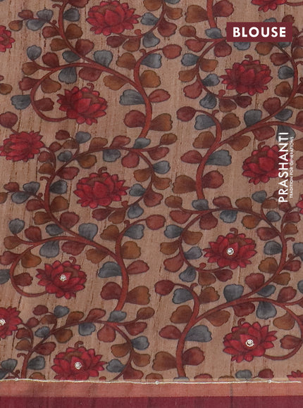 Semi tussar saree maroon and beige with allover leheriya prints & zari buttas and kalamkari prints & pita work pallu