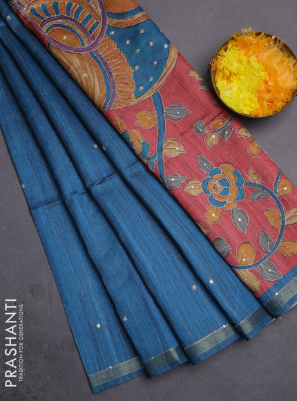 Semi tussar saree peacock blue and maroon with embroidery buttas and kalamkari prints & pita work pallu