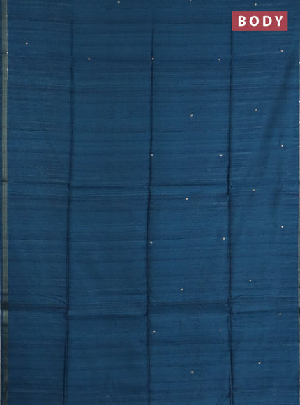 Semi tussar saree peacock blue and maroon with embroidery buttas and kalamkari prints & pita work pallu