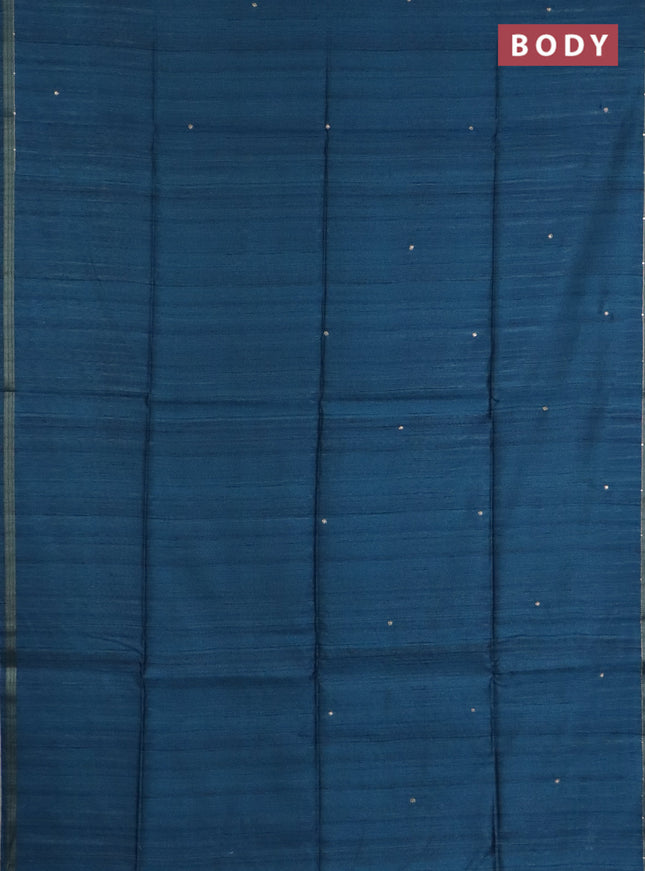 Semi tussar saree peacock blue and maroon with embroidery buttas and kalamkari prints & pita work pallu