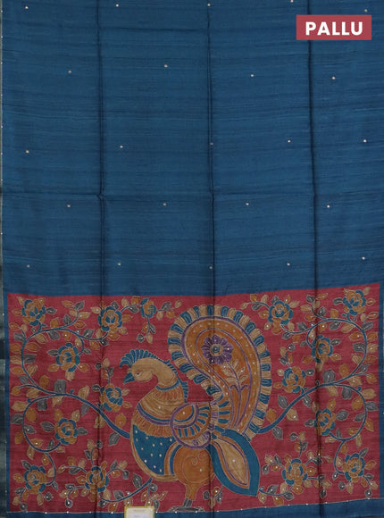 Semi tussar saree peacock blue and maroon with embroidery buttas and kalamkari prints & pita work pallu