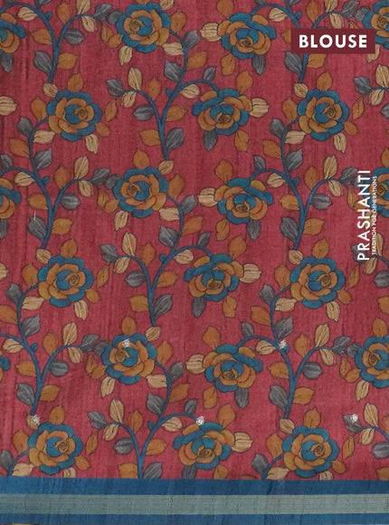 Semi tussar saree peacock blue and maroon with embroidery buttas and kalamkari prints & pita work pallu