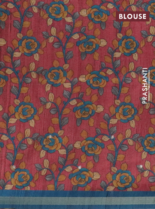 Semi tussar saree peacock blue and maroon with embroidery buttas and kalamkari prints & pita work pallu