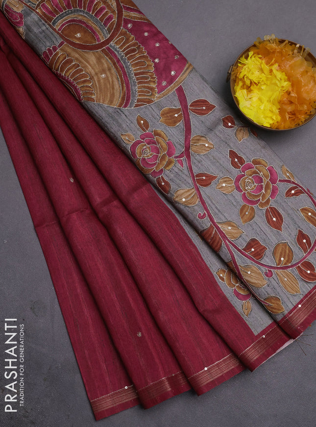 Semi tussar saree dark magenta pink and grey with embroidery buttas and kalamkari prints & pita work pallu