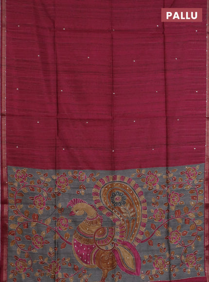 Semi tussar saree dark magenta pink and grey with embroidery buttas and kalamkari prints & pita work pallu