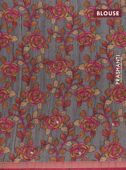 Semi tussar saree dark magenta pink and grey with embroidery buttas and kalamkari prints & pita work pallu