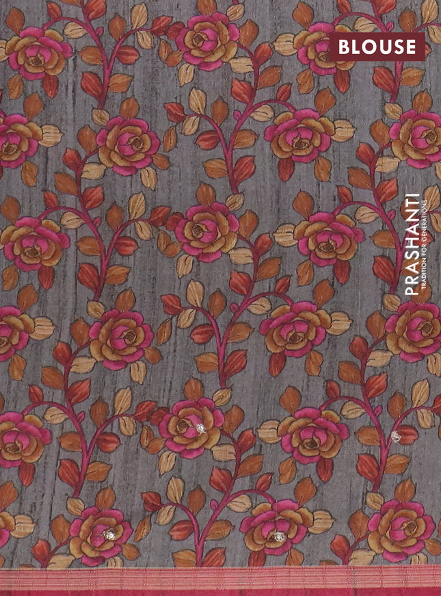 Semi tussar saree dark magenta pink and grey with embroidery buttas and kalamkari prints & pita work pallu