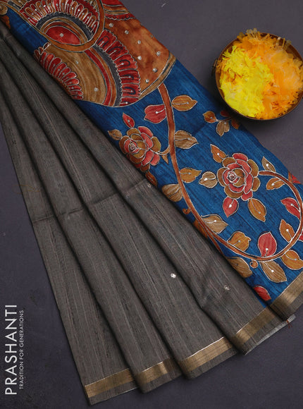 Semi tussar saree grey and peacock blue with embroidery buttas and kalamkari prints & pita work pallu
