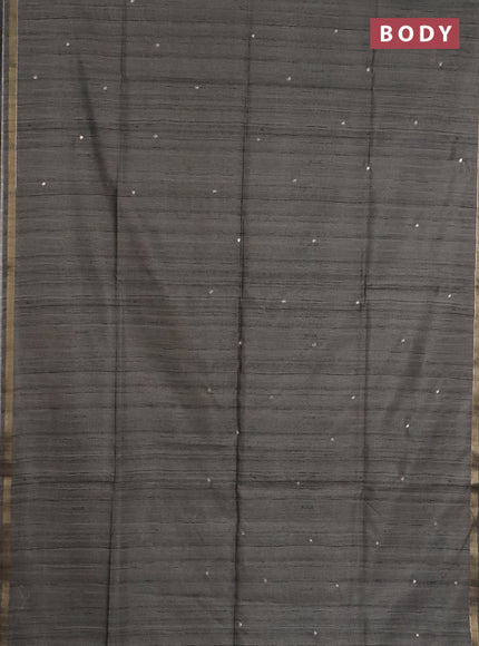 Semi tussar saree grey and peacock blue with embroidery buttas and kalamkari prints & pita work pallu