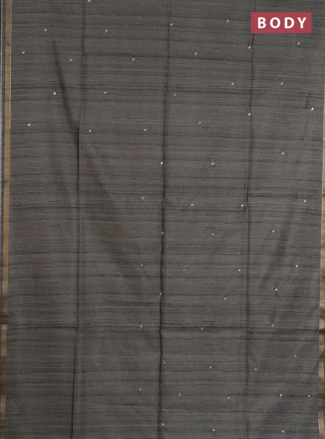 Semi tussar saree grey and peacock blue with embroidery buttas and kalamkari prints & pita work pallu