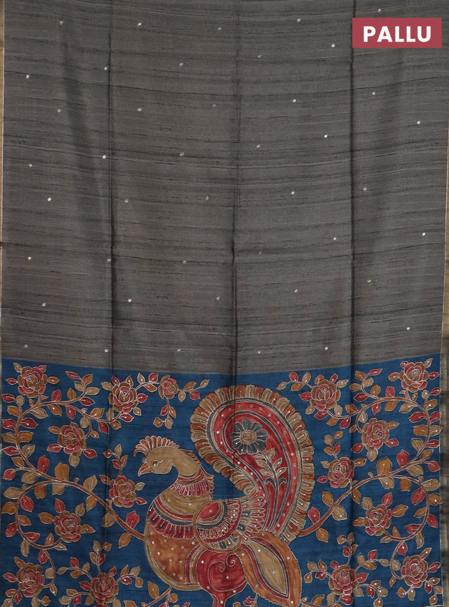 Semi tussar saree grey and peacock blue with embroidery buttas and kalamkari prints & pita work pallu