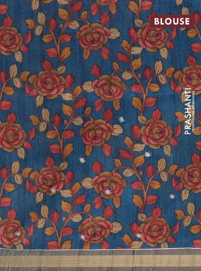 Semi tussar saree grey and peacock blue with embroidery buttas and kalamkari prints & pita work pallu