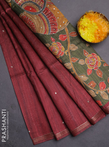 Semi tussar saree maroon and sap green with embroidery buttas and kalamkari prints & pita work pallu