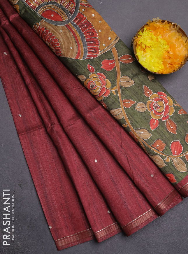 Semi tussar saree maroon and sap green with embroidery buttas and kalamkari prints & pita work pallu