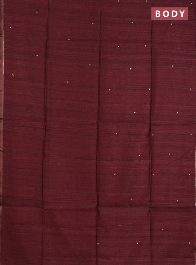 Semi tussar saree maroon and sap green with embroidery buttas and kalamkari prints & pita work pallu