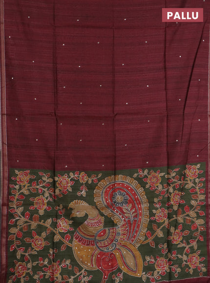 Semi tussar saree maroon and sap green with embroidery buttas and kalamkari prints & pita work pallu