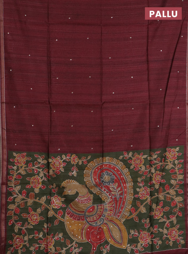 Semi tussar saree maroon and sap green with embroidery buttas and kalamkari prints & pita work pallu
