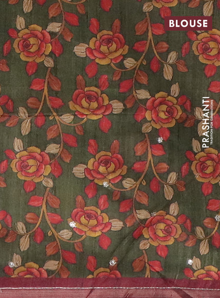 Semi tussar saree maroon and sap green with embroidery buttas and kalamkari prints & pita work pallu