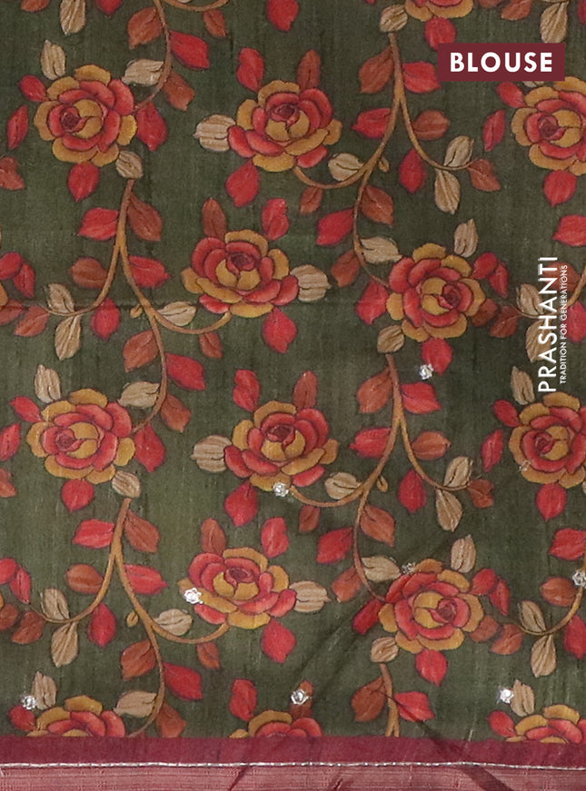 Semi tussar saree maroon and sap green with embroidery buttas and kalamkari prints & pita work pallu