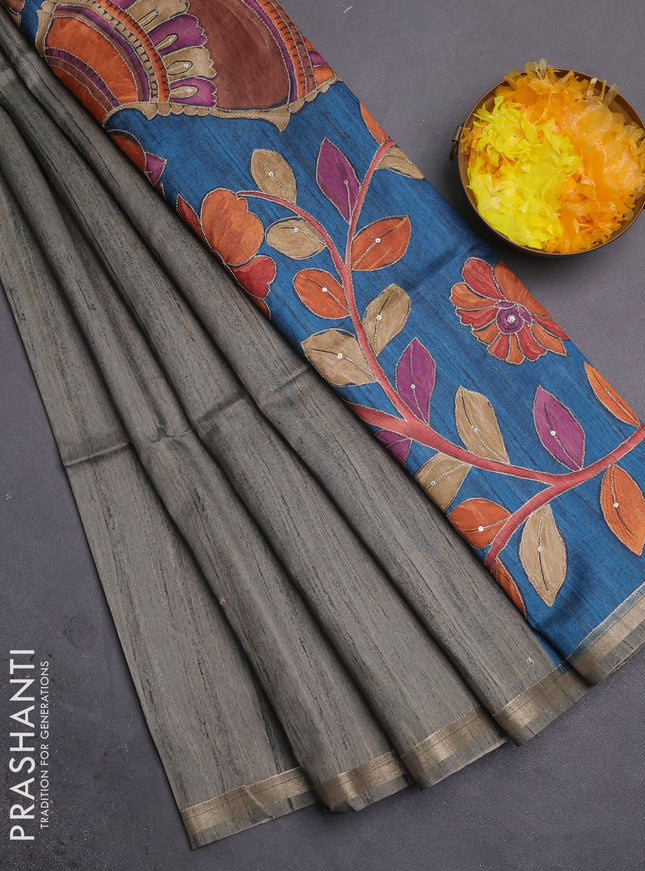 Semi tussar saree grey and peacock blue with embroidery buttas and kalamkari prints & pita work pallu