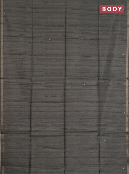 Semi tussar saree grey and peacock blue with embroidery buttas and kalamkari prints & pita work pallu