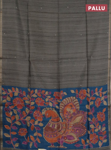 Semi tussar saree grey and peacock blue with embroidery buttas and kalamkari prints & pita work pallu