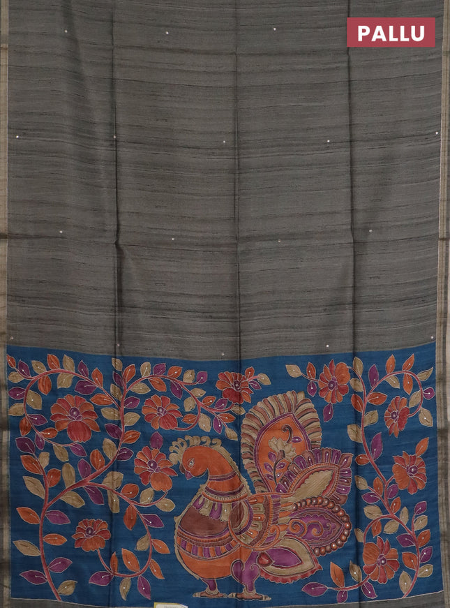 Semi tussar saree grey and peacock blue with embroidery buttas and kalamkari prints & pita work pallu