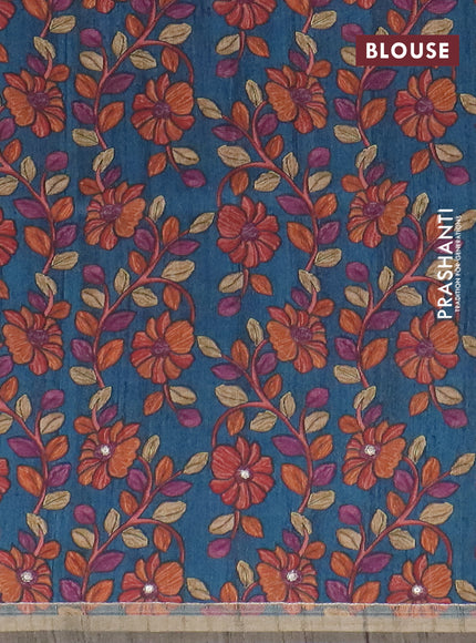 Semi tussar saree grey and peacock blue with embroidery buttas and kalamkari prints & pita work pallu