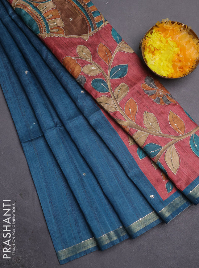 Semi tussar saree peacock blue and maroon with embroidery buttas and kalamkari prints & pita work pallu