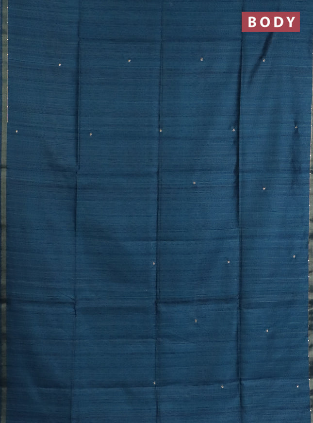 Semi tussar saree peacock blue and maroon with embroidery buttas and kalamkari prints & pita work pallu