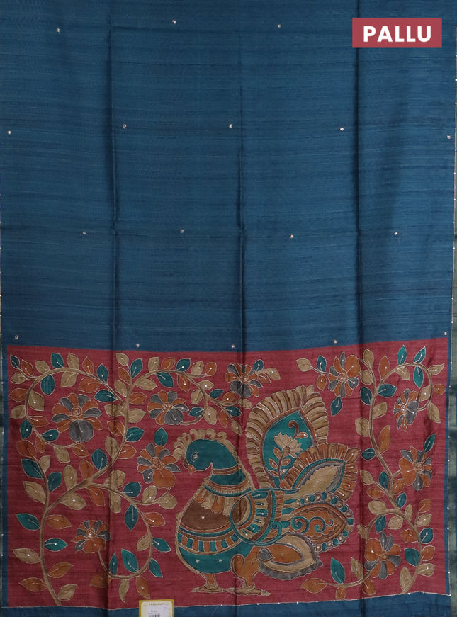Semi tussar saree peacock blue and maroon with embroidery buttas and kalamkari prints & pita work pallu