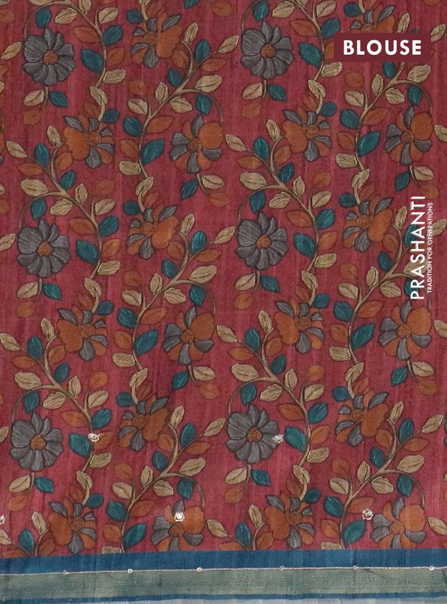 Semi tussar saree peacock blue and maroon with embroidery buttas and kalamkari prints & pita work pallu