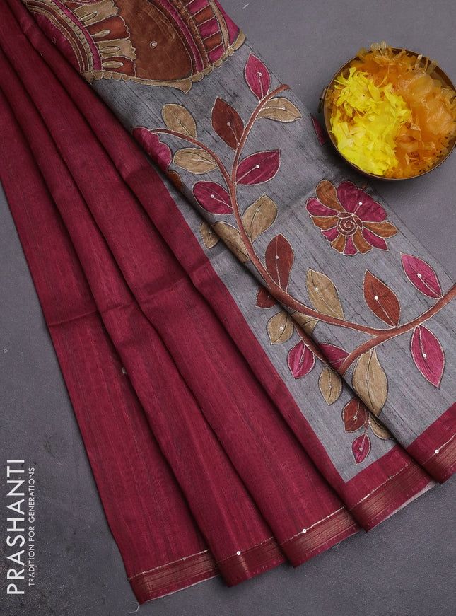 Semi tussar saree dark magenta pink and grey with embroidery buttas and kalamkari prints & pita work pallu