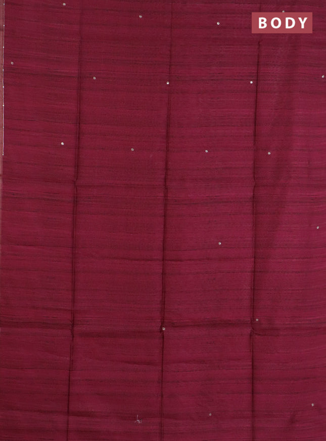 Semi tussar saree dark magenta pink and grey with embroidery buttas and kalamkari prints & pita work pallu