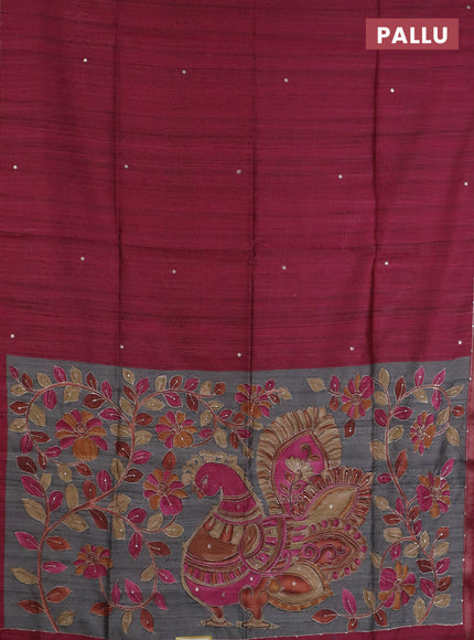 Semi tussar saree dark magenta pink and grey with embroidery buttas and kalamkari prints & pita work pallu