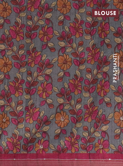 Semi tussar saree dark magenta pink and grey with embroidery buttas and kalamkari prints & pita work pallu