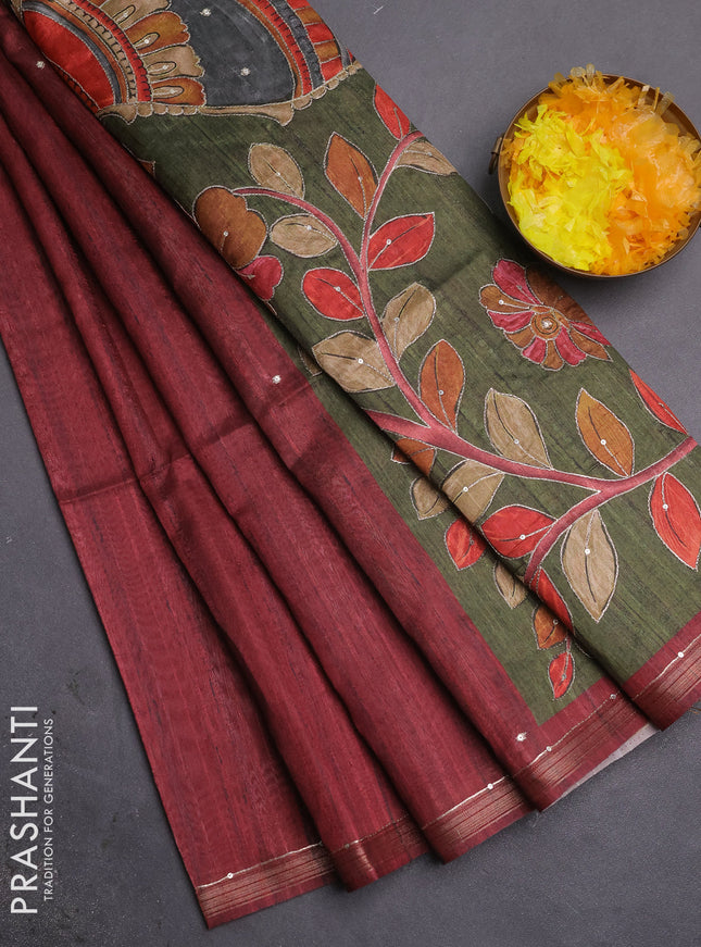 Semi tussar saree maroon and sap green with embroidery buttas and kalamkari prints & pita work pallu