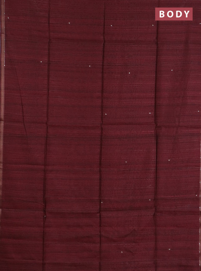Semi tussar saree maroon and sap green with embroidery buttas and kalamkari prints & pita work pallu
