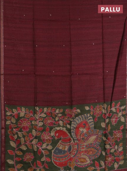Semi tussar saree maroon and sap green with embroidery buttas and kalamkari prints & pita work pallu