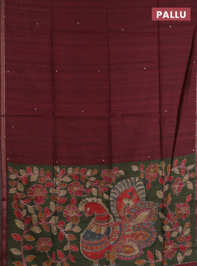 Semi tussar saree maroon and sap green with embroidery buttas and kalamkari prints & pita work pallu